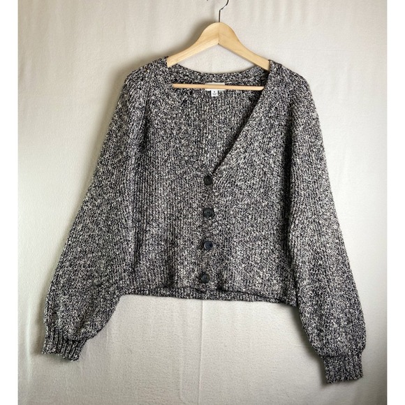Evereve Women M BlackWhite Marled Chunky Knit Button Front Cardigan Sweater Cozy - Picture 4 of 13